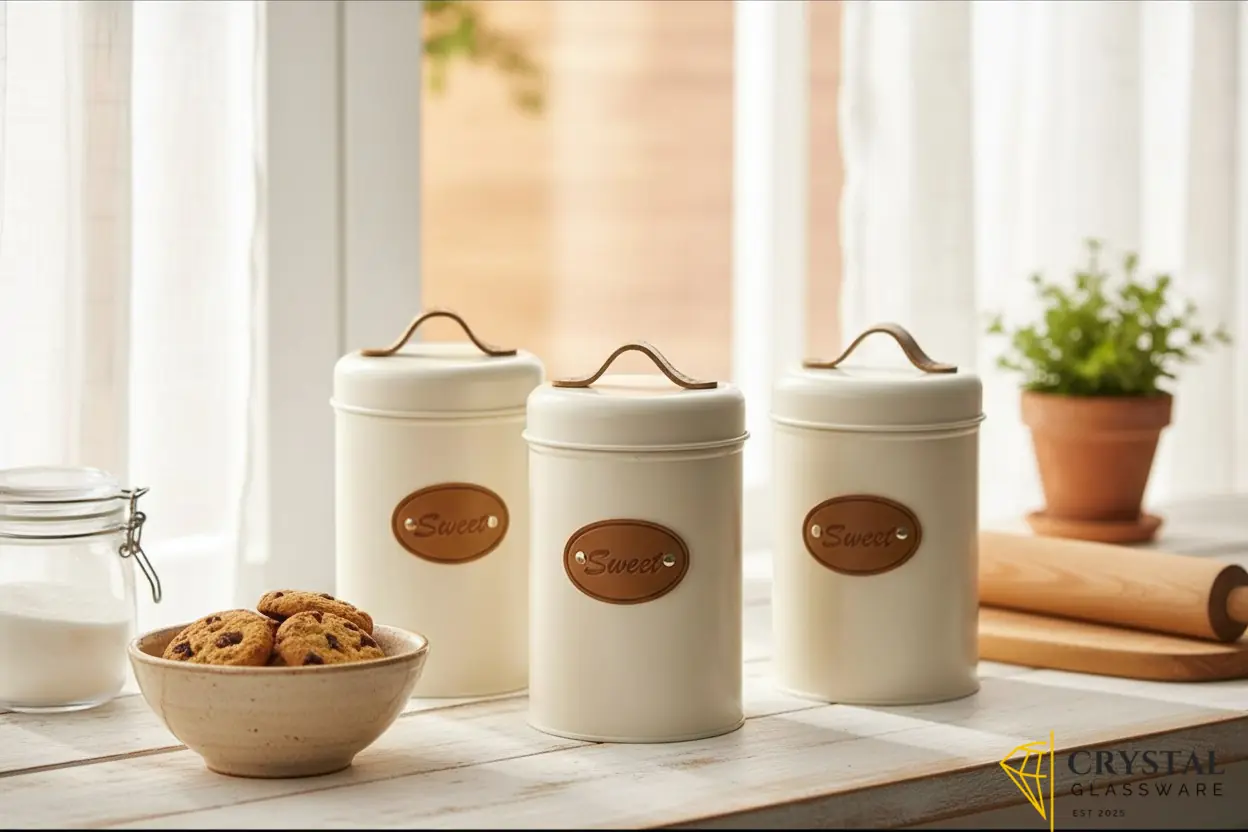 3 white galvanized iron canisters features airtight lids with PU leather handles for storing kitchen essentials like coffee, tea, or sugar